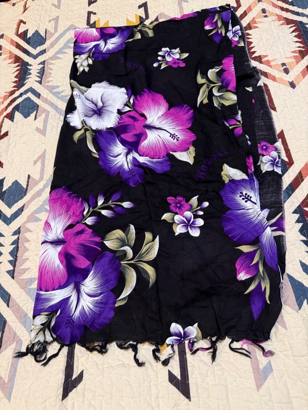Black Floral Swim Sarong Wrap with Purple & White Hibiscus